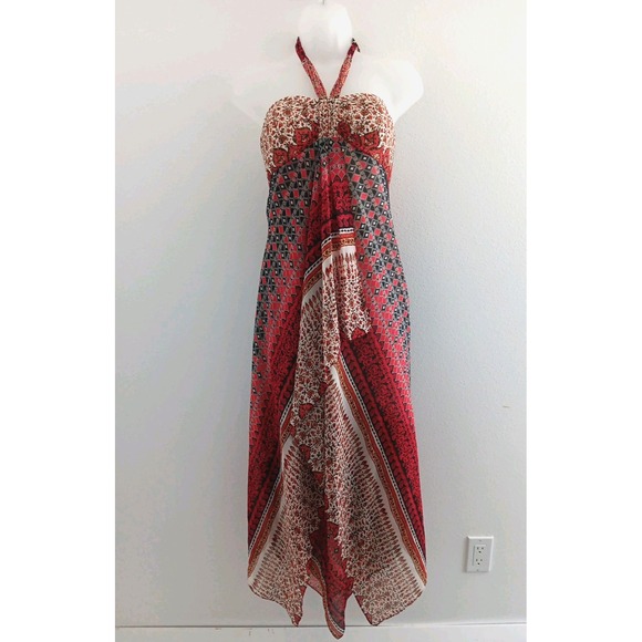 BCBG Dresses & Skirts - BCBG Maxi Dress Halter Women 6 Boho 100% Silk Red Handkerchief Hem Fairy Beachy